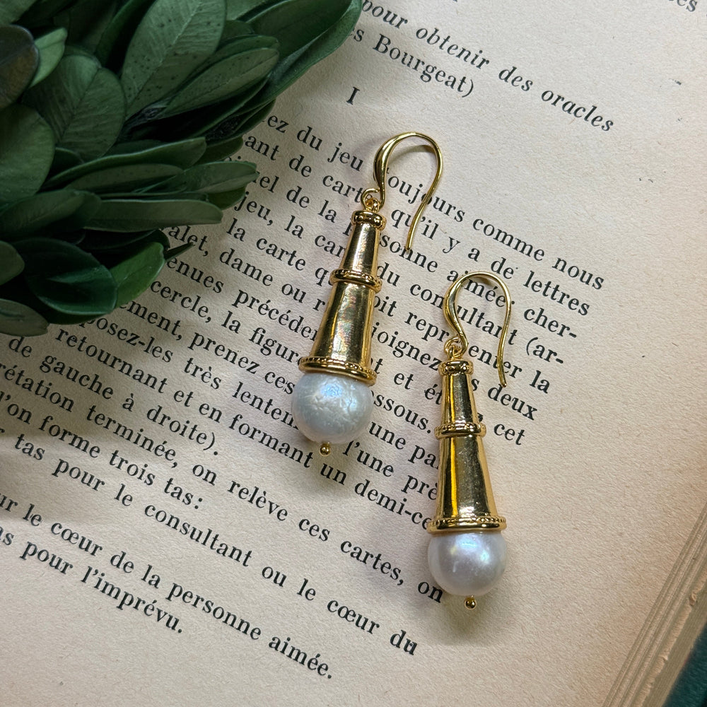 Freshwater baroque pearl gold drop earring, detail — 18K gold-plated, vintage-inspired — Amour Jewel
